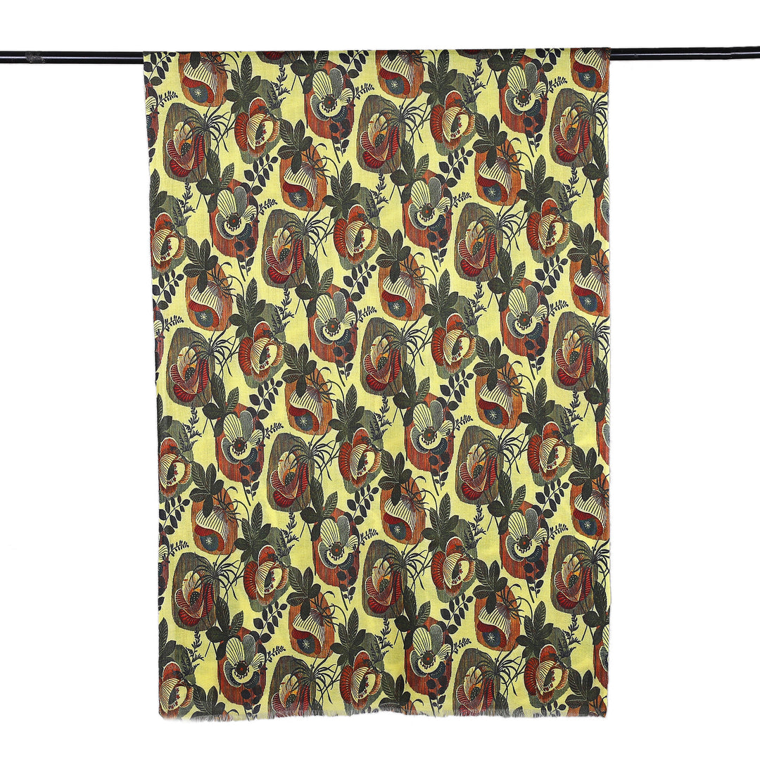 Leafy and Floral Printed Jonquil Wool and Silk Blend Shawl - Leafy Fantasy