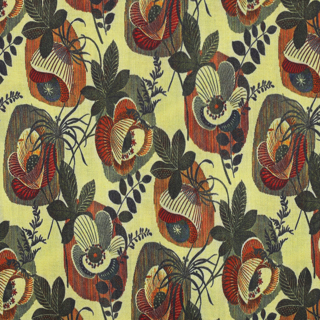 Leafy and Floral Printed Jonquil Wool and Silk Blend Shawl - Leafy Fantasy