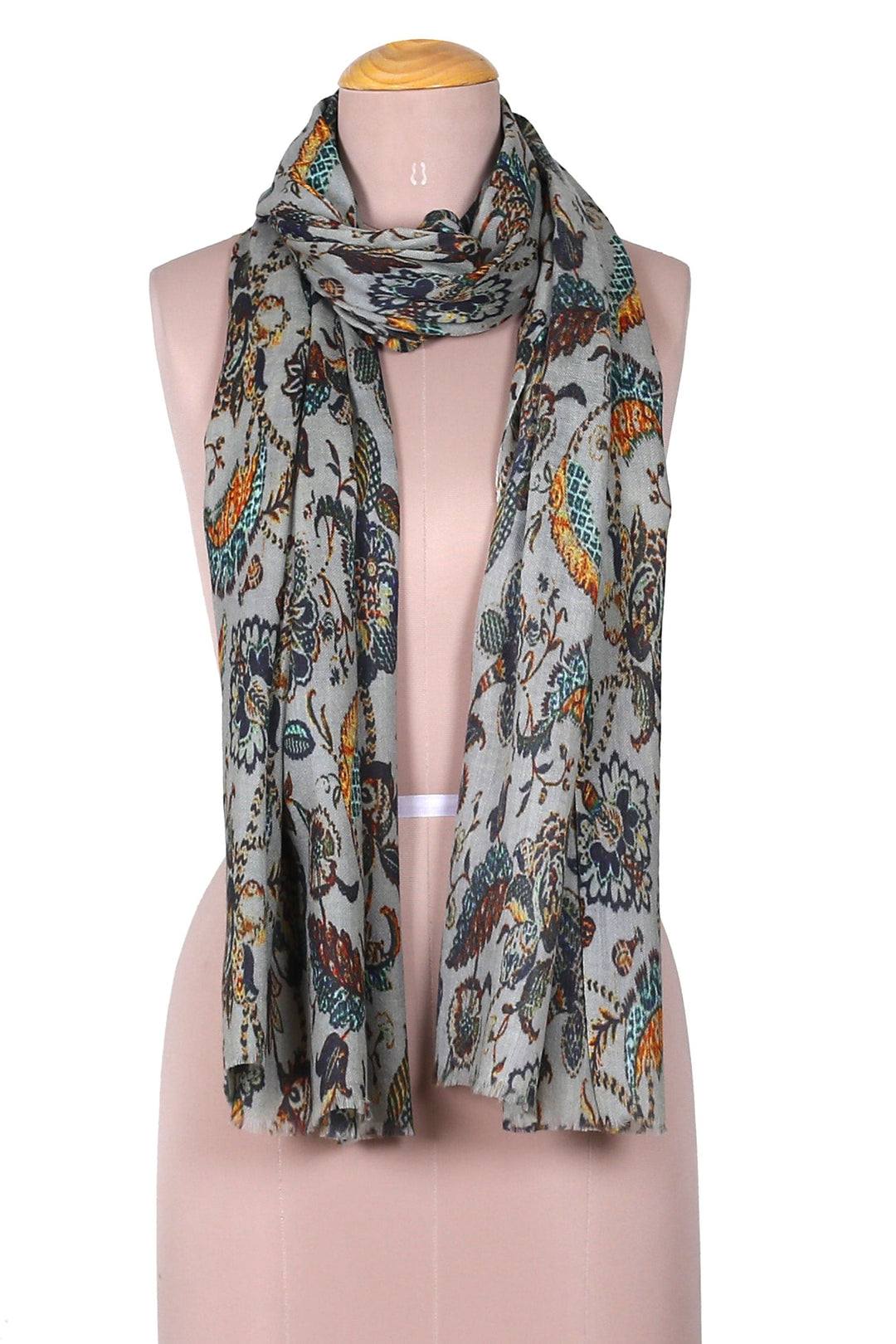 Classic Printed Sage-Toned Wool and Silk Blend Shawl - Kashmir Paradise