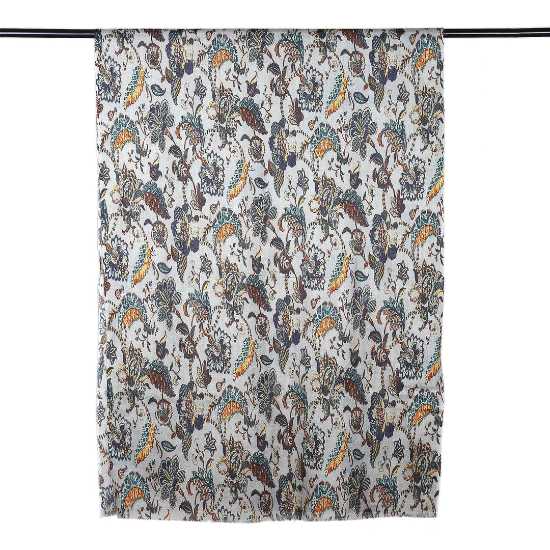 Classic Printed Sage-Toned Wool and Silk Blend Shawl - Kashmir Paradise