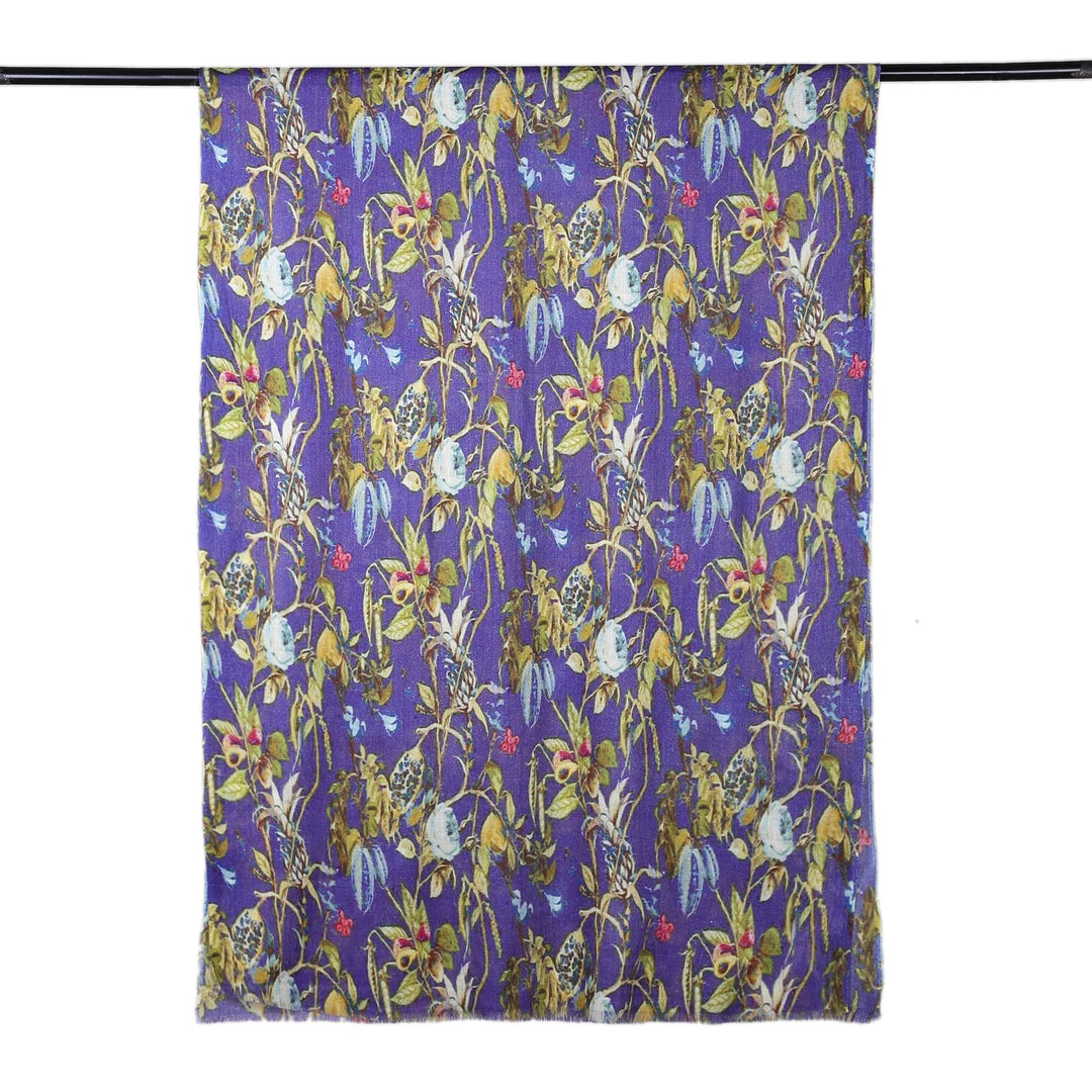 Floral Printed Imperial Purple Wool and Silk Blend Shawl - Kashmir Realm