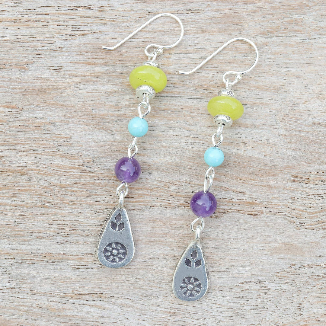 Colorful Multi-Gemstone Dangle Earrings with Silver Accents - Thail Chic