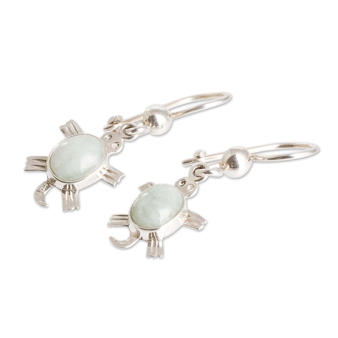 Sterling Silver Apple Green Jade Sea Turtle Dangle Earrings - Apple Green Sea Turtle