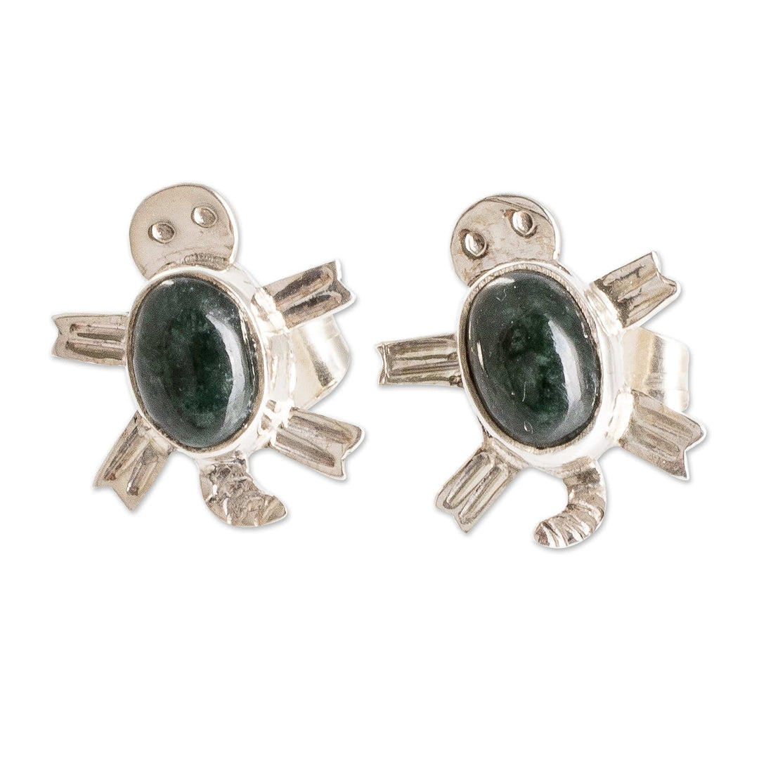 Sterling Silver Dark Green Jade Sea Turtle Button Earrings - Dark Green Marine Turtle