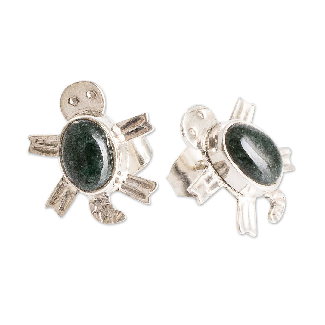 Sterling Silver Dark Green Jade Sea Turtle Button Earrings - Dark Green Marine Turtle
