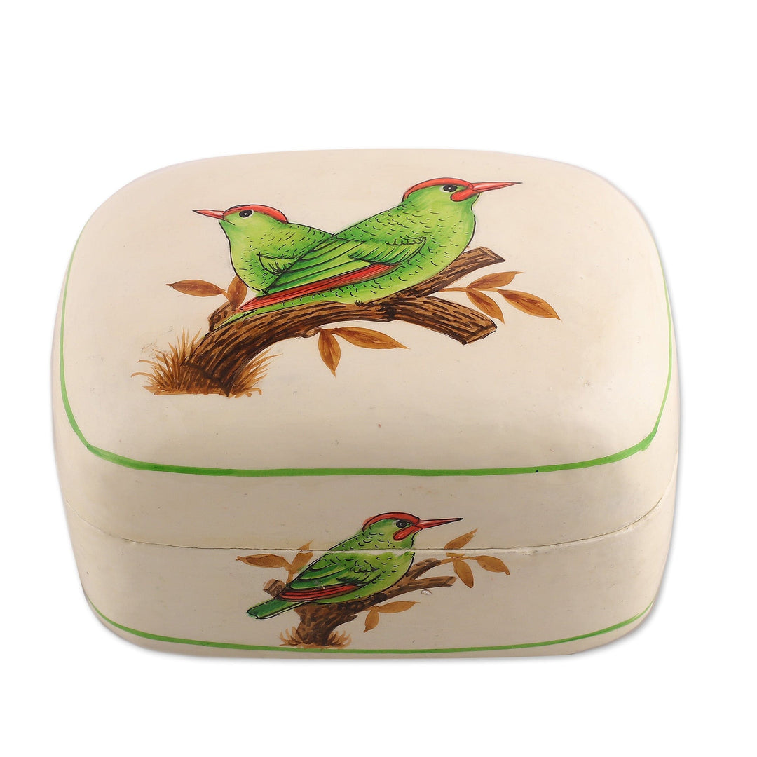 Bird-Themed Green and White Papier Mache Decorative Box - Valley Saga