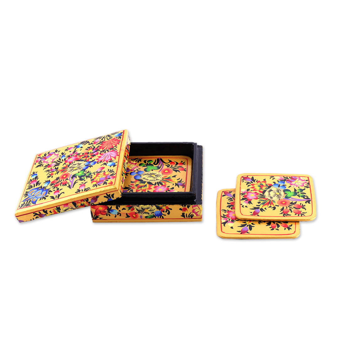 Set of 6 Floral Yellow Wood and Papier Mache Coasters - Blooming Evening