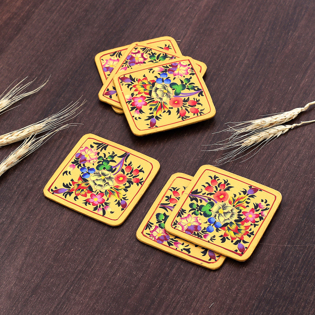 Set of 6 Floral Yellow Wood and Papier Mache Coasters - Blooming Evening