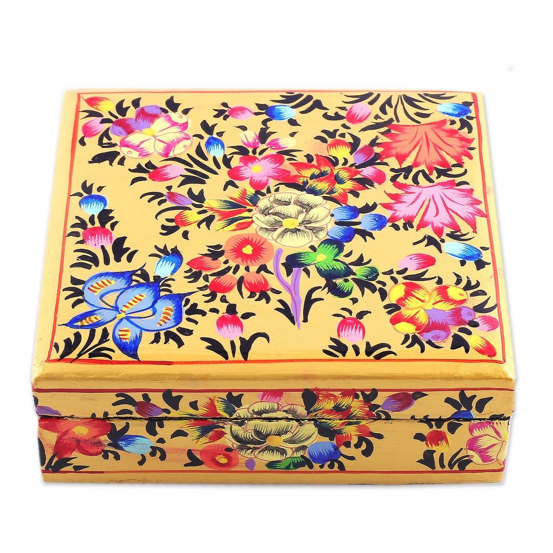 Set of 6 Floral Yellow Wood and Papier Mache Coasters - Blooming Evening