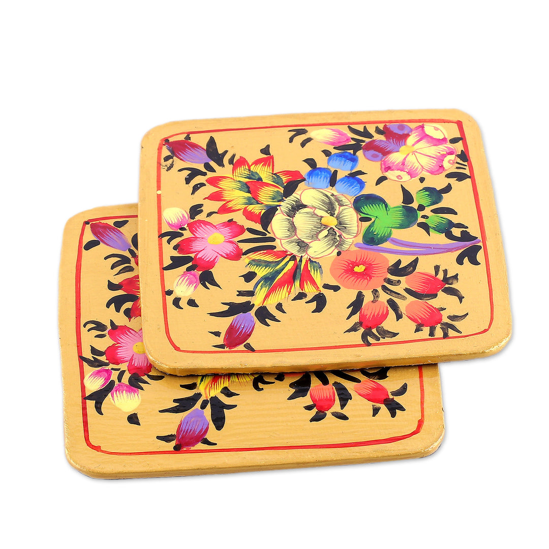 Set of 6 Floral Yellow Wood and Papier Mache Coasters - Blooming Evening
