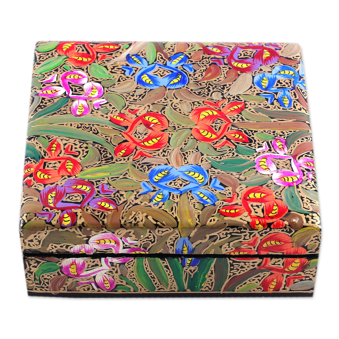 Set of 6 Floral Brown Wood and Papier Mache Coasters - Blooming Manor