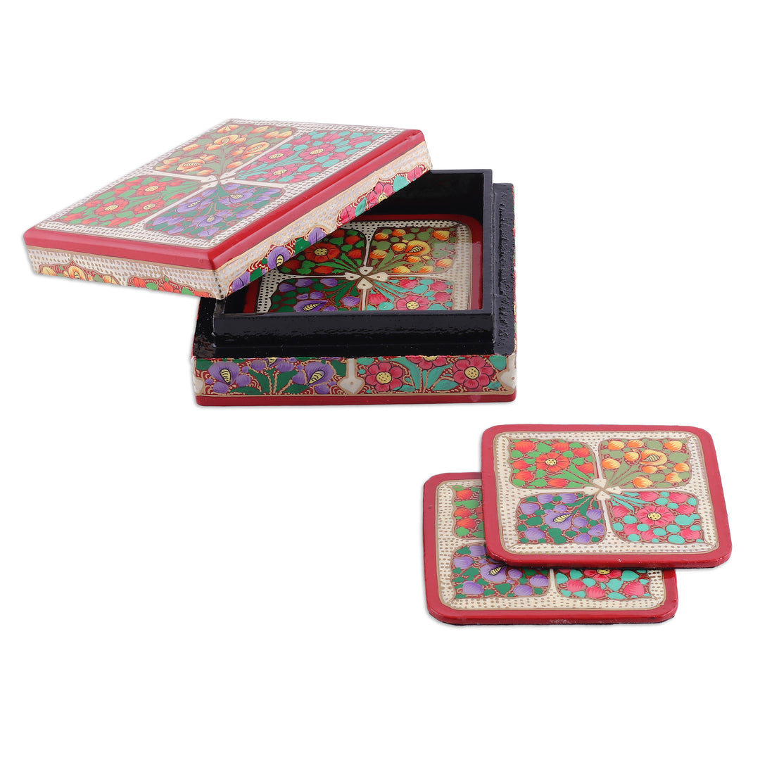 Set of 6 Floral Painted Red Wood and Papier Mache Coasters - Lovely Elixir