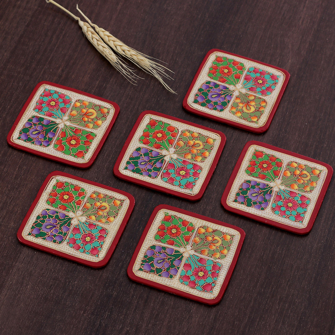 Set of 6 Floral Painted Red Wood and Papier Mache Coasters - Lovely Elixir