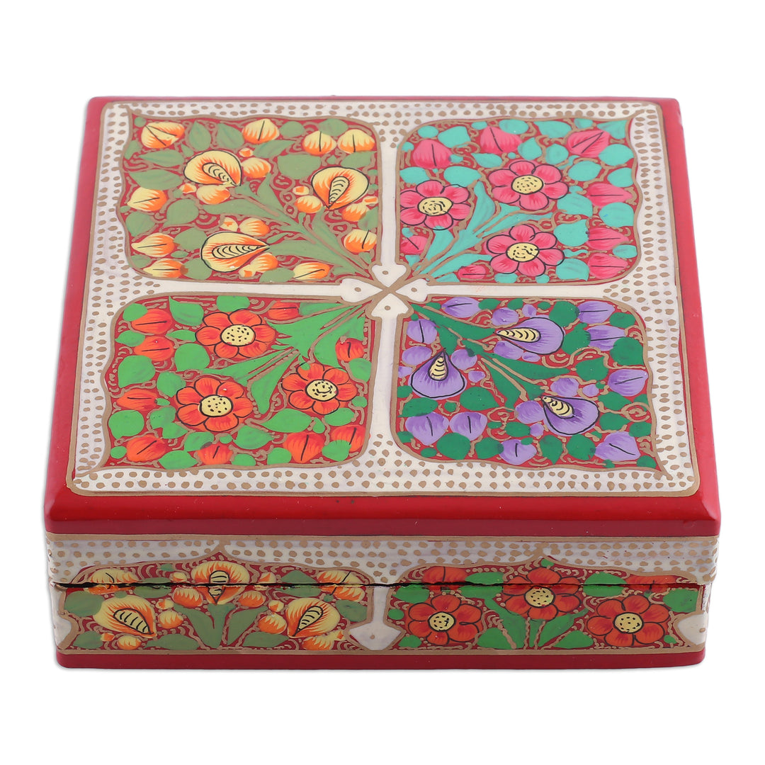Set of 6 Floral Painted Red Wood and Papier Mache Coasters - Lovely Elixir