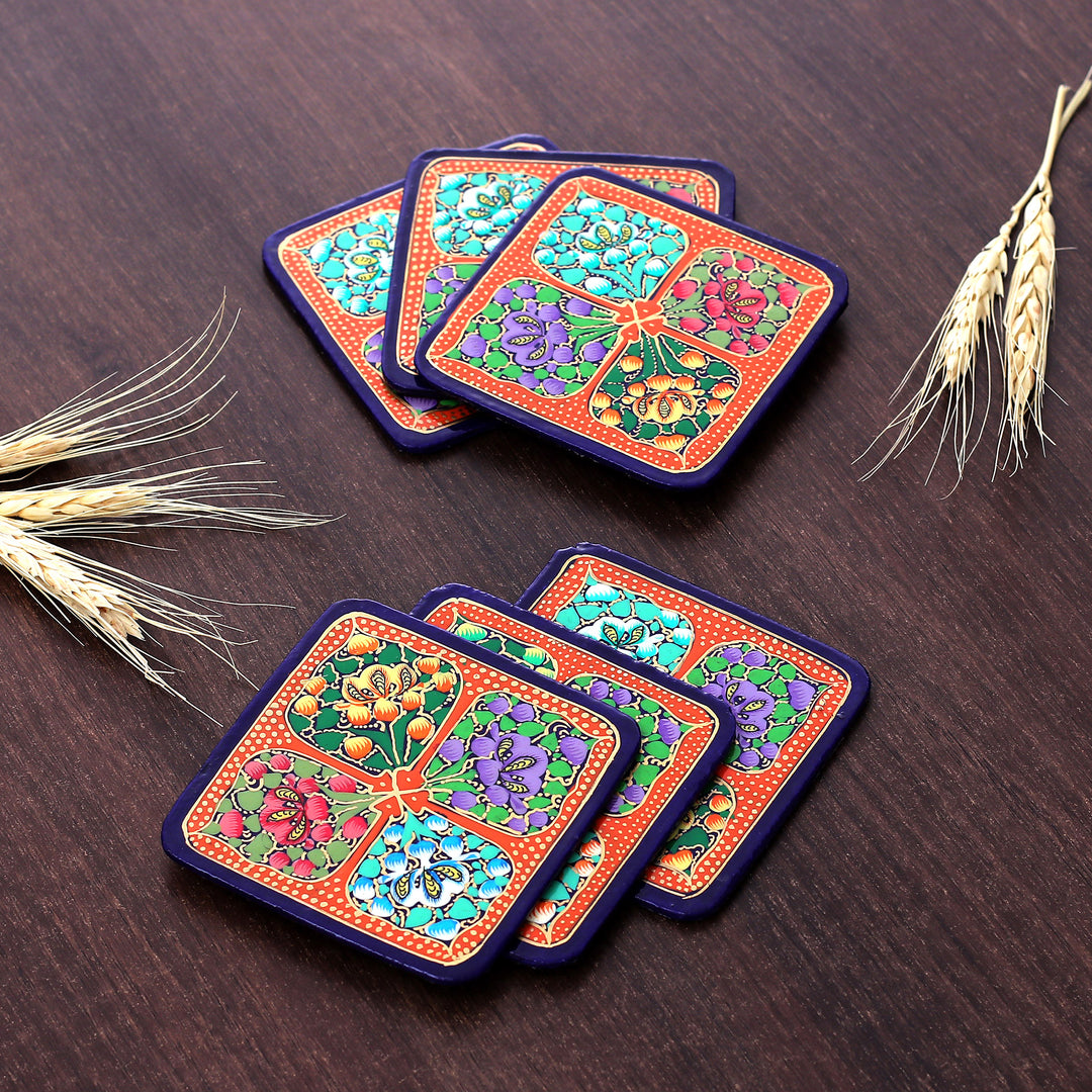Set of 6 Floral Painted Orange Papier Mache Coasters - Summer Elixir