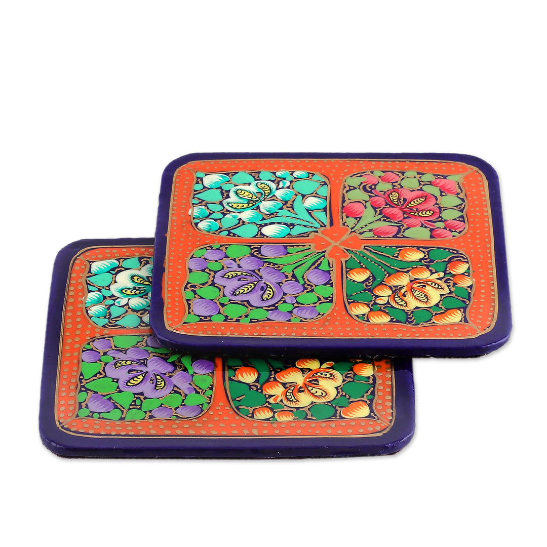 Set of 6 Floral Painted Orange Papier Mache Coasters - Summer Elixir