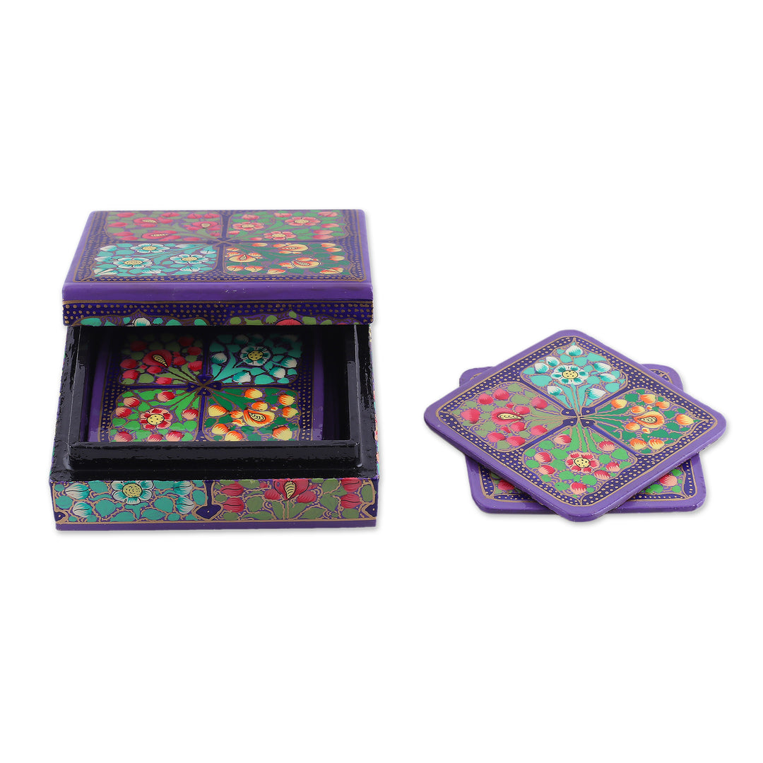 Set of 6 Floral Painted Purple Papier Mache Coasters - Enchanted Elixir