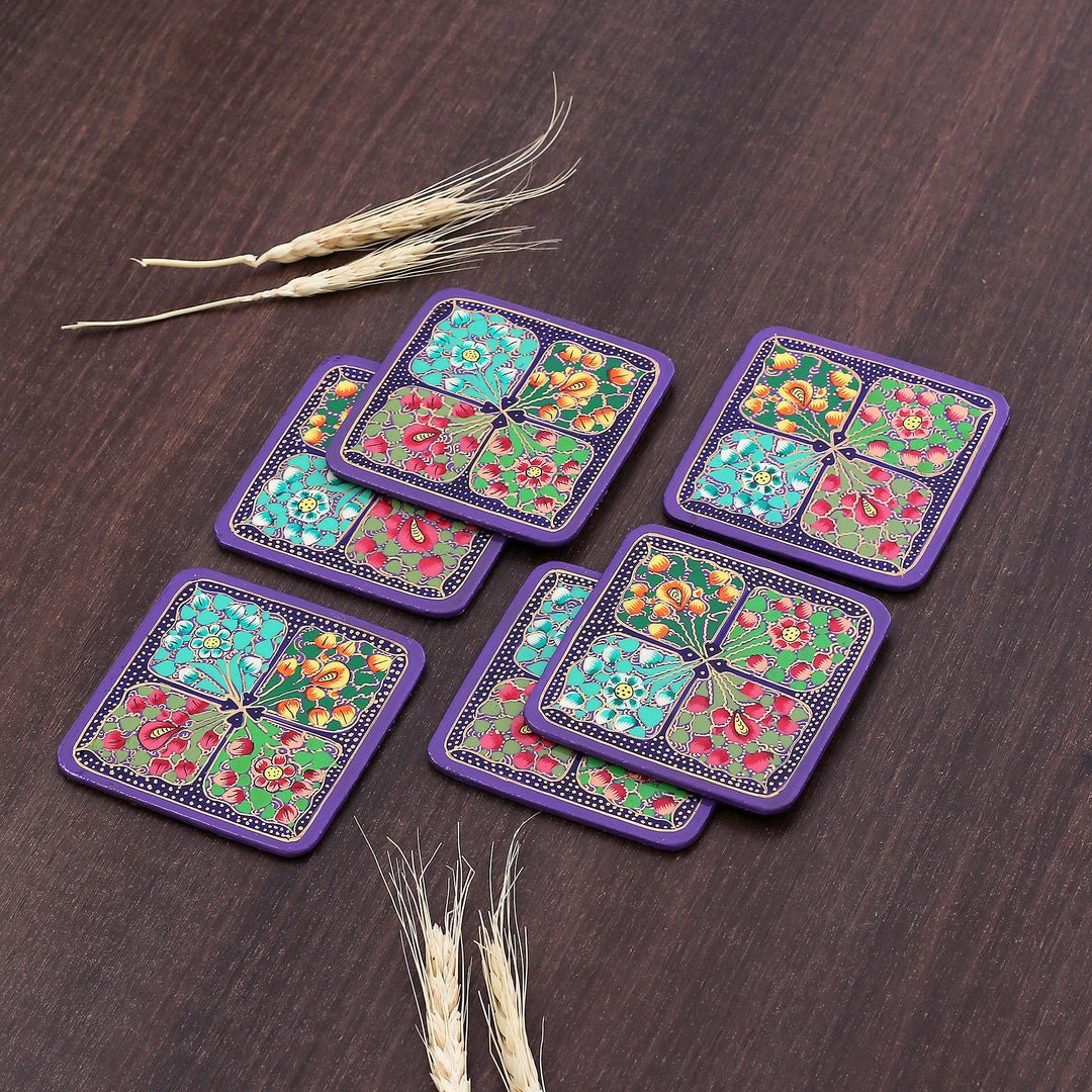 Set of 6 Floral Painted Purple Papier Mache Coasters - Enchanted Elixir