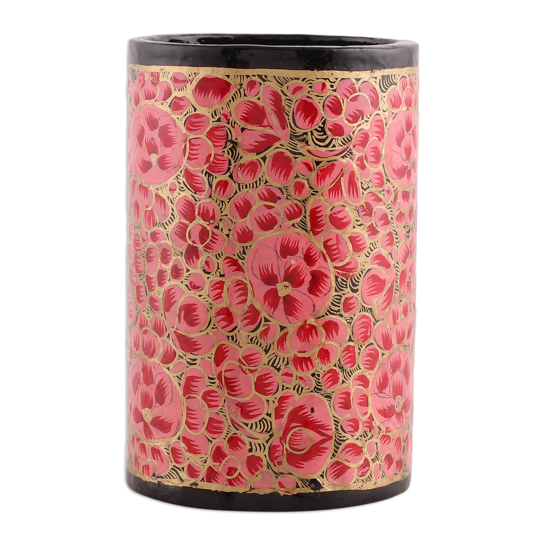 Round Pink and Golden Wood and Papier Mache Pen Holder - Springtime Pink