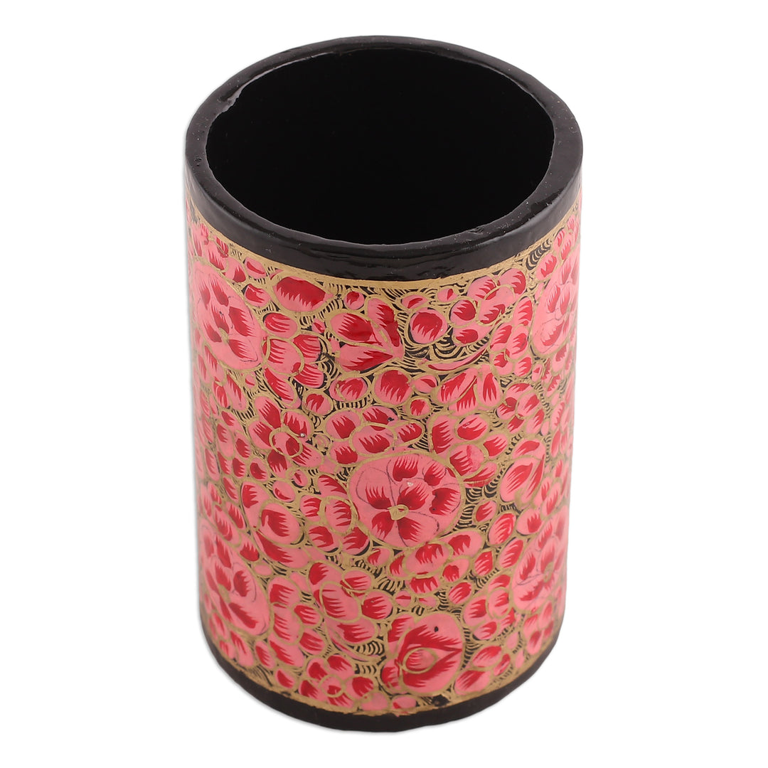 Round Pink and Golden Wood and Papier Mache Pen Holder - Springtime Pink