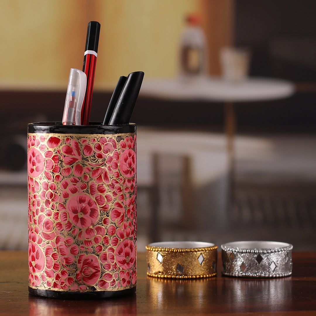 Round Pink and Golden Wood and Papier Mache Pen Holder - Springtime Pink