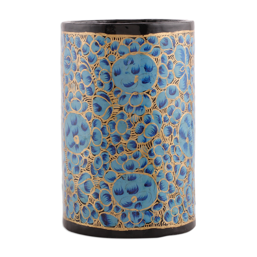 Round Blue and Golden Wood and Papier Mache Pen Holder - Springtime Blue