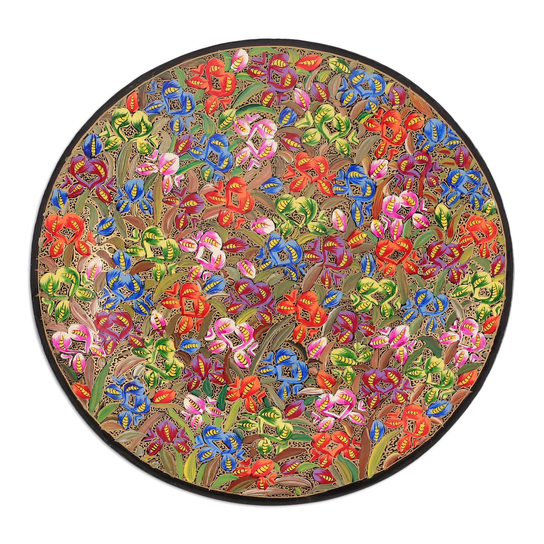 Floral Painted Colorful Round Wood and Papier Mache Panel - Blooming Sun