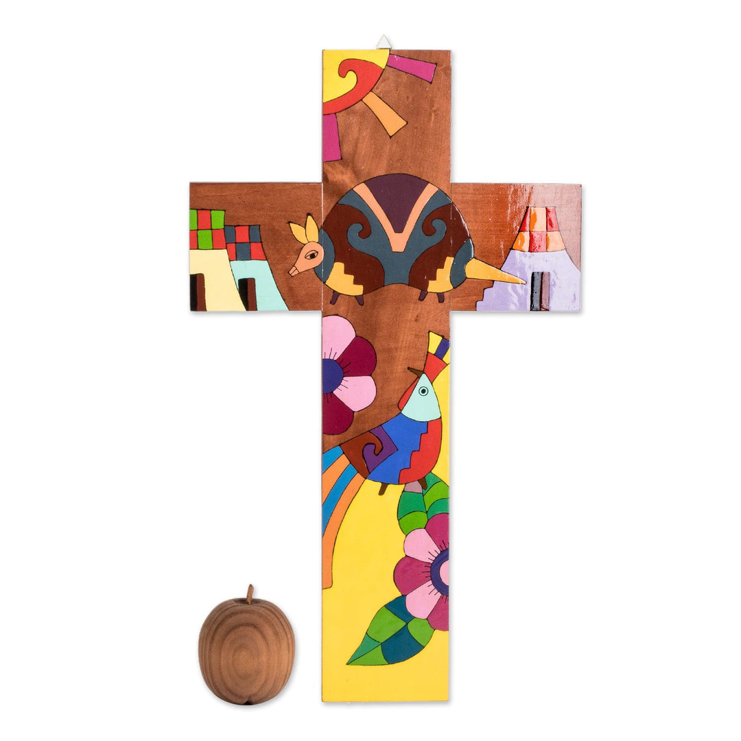 Hand-Painted Folk Art-Themed Pinewood Wall Cross - Nature & Peace