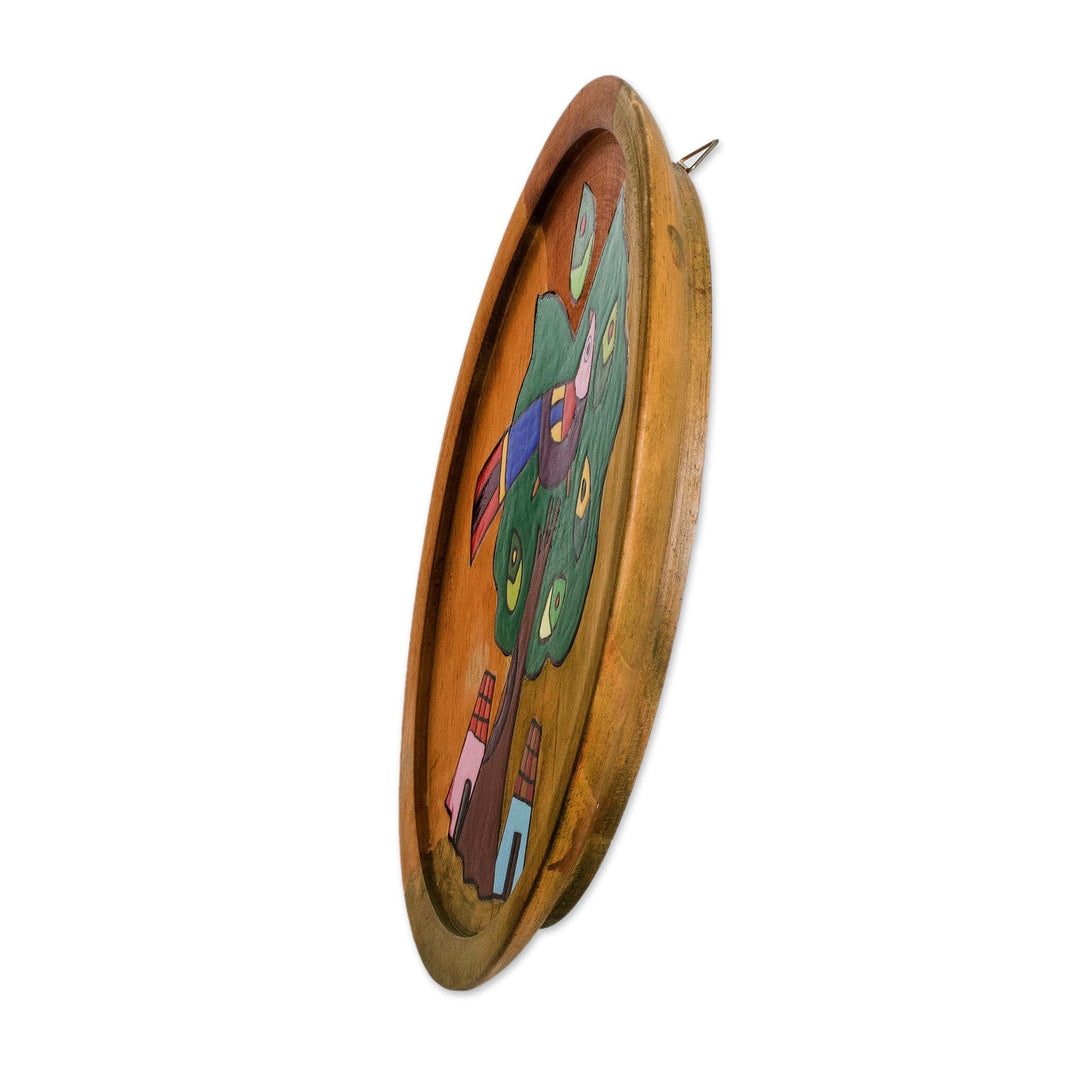 Nature-Themed Hand-Painted Round Decorative Pinewood Plaque - Tropical Enchantment