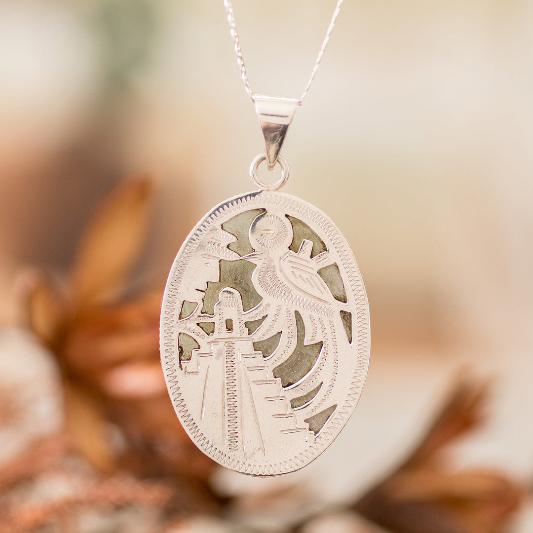 Reversible Silver and Apple Green Jade Maya Pendant Necklace - Treasures of My Land