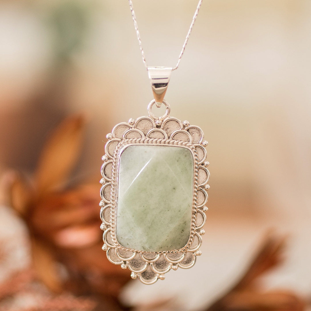 Silver Necklace with Faceted Apple Green Jade Pendant - Apple Green Zinnia