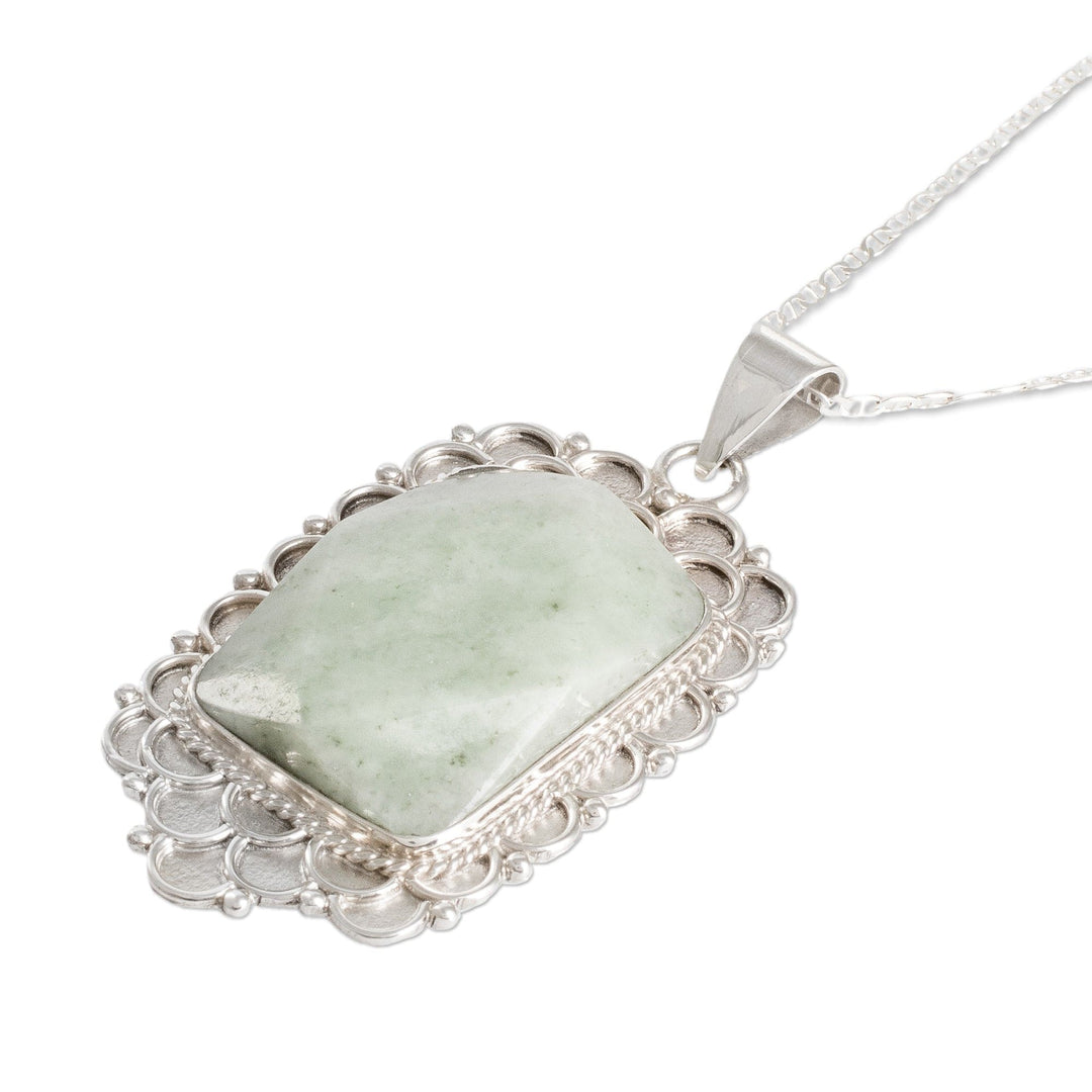 Silver Necklace with Faceted Apple Green Jade Pendant - Apple Green Zinnia