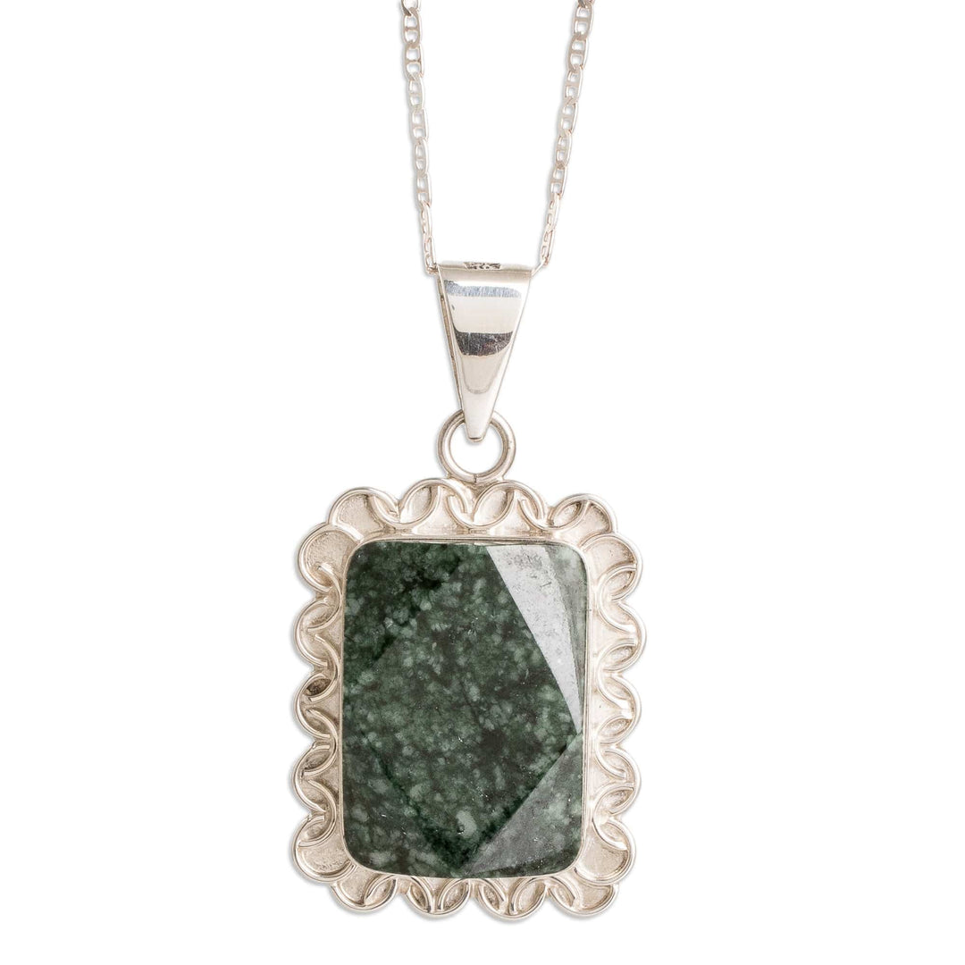 Silver Necklace with Faceted Dark Green Jade Pendant - Dark Green Daisy