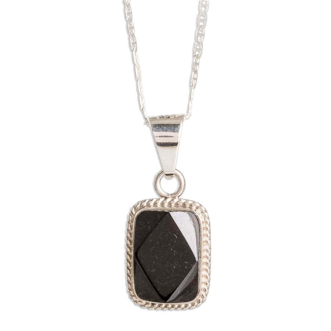 Silver Necklace with Rectangular Faceted Black Jade Pendant - Black Maya Princess