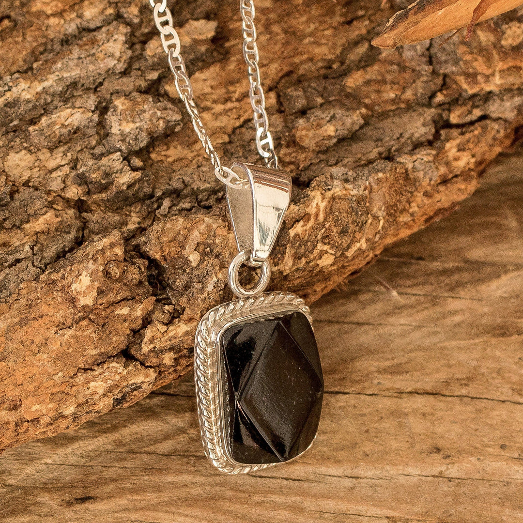 Silver Necklace with Rectangular Faceted Black Jade Pendant - Black Maya Princess