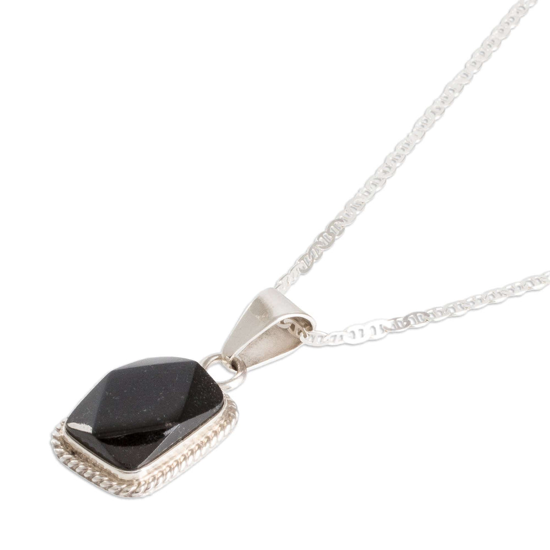 Silver Necklace with Rectangular Faceted Black Jade Pendant - Black Maya Princess