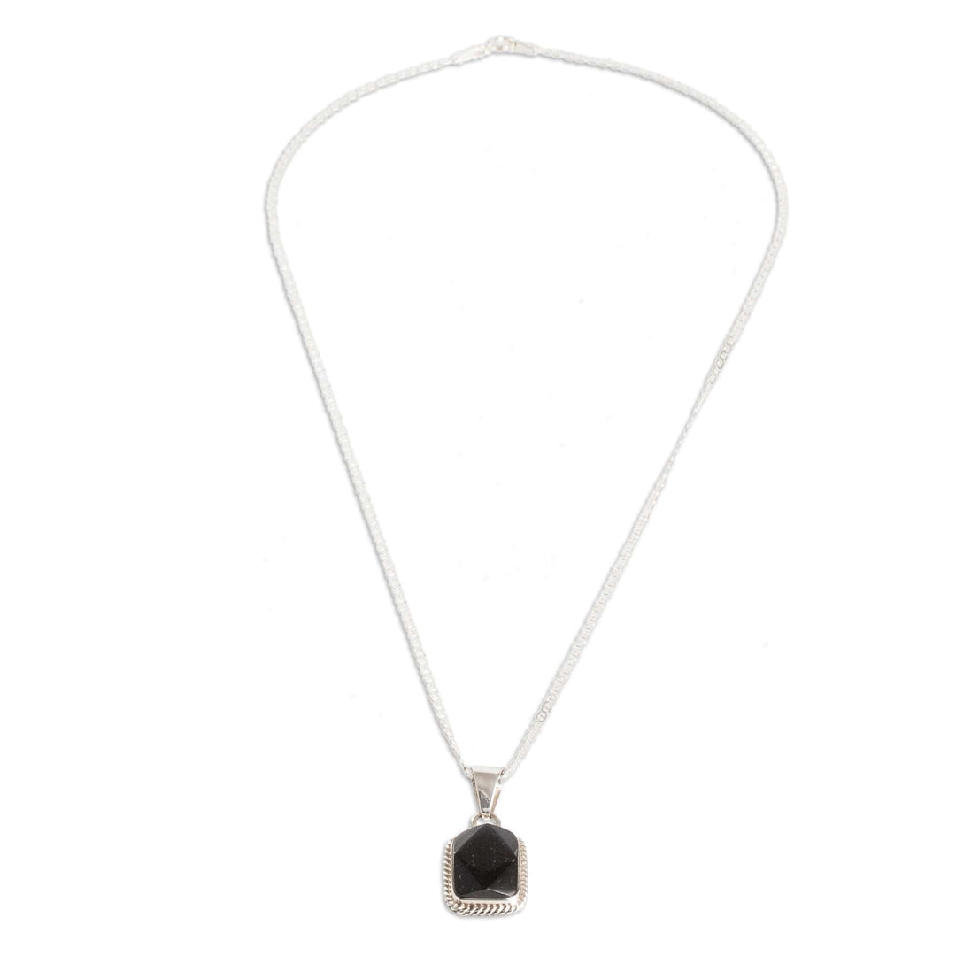 Silver Necklace with Rectangular Faceted Black Jade Pendant - Black Maya Princess