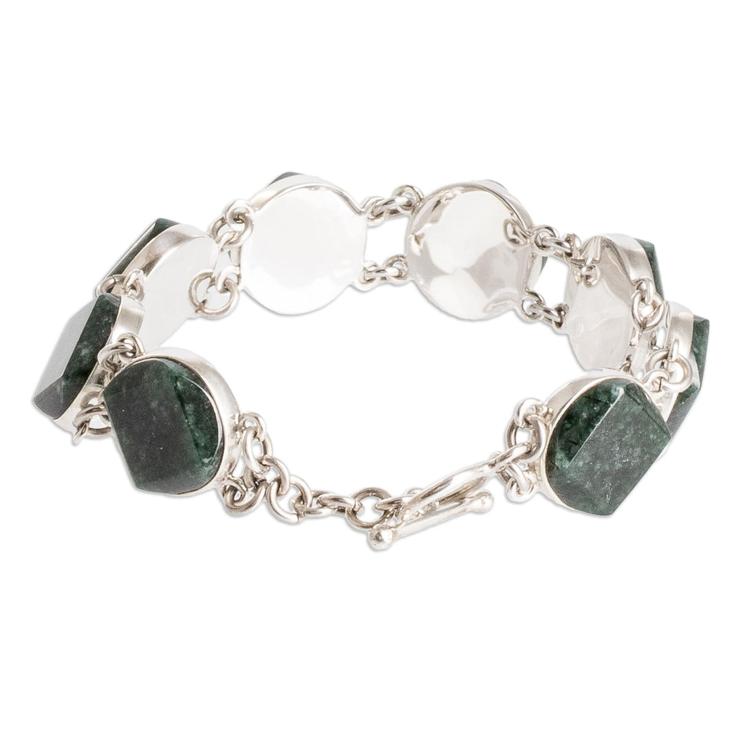Sterling Silver Geometric Link Bracelet with Dark Green Jade - Night Forest