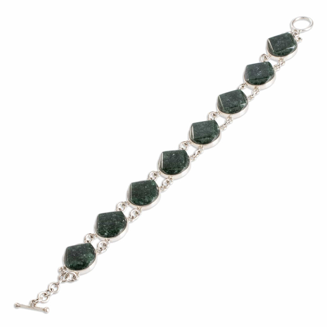 Sterling Silver Geometric Link Bracelet with Dark Green Jade - Night Forest