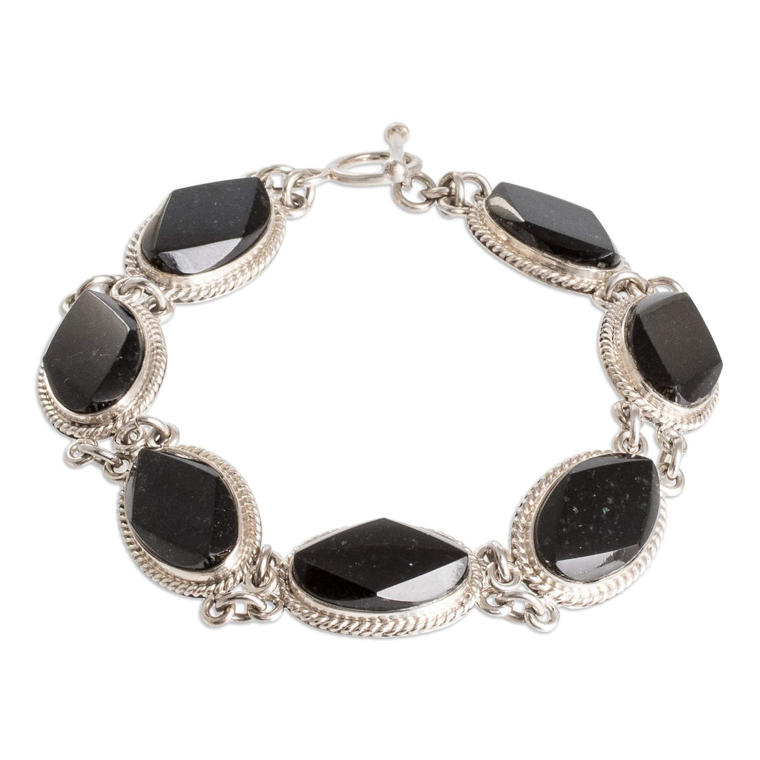 Sterling Silver Link Bracelet with Oval Black Jade Stones - Faceted Ovals