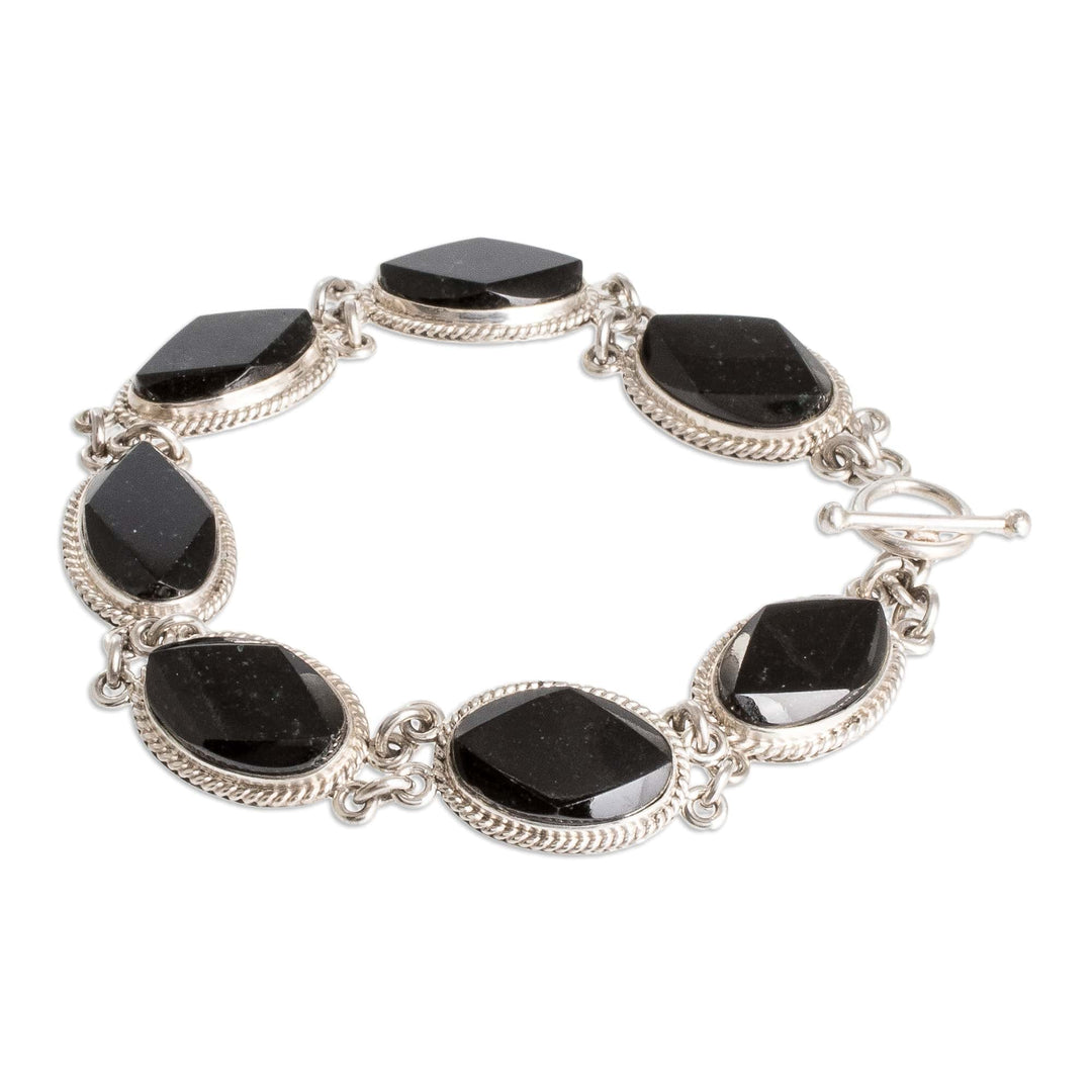 Sterling Silver Link Bracelet with Oval Black Jade Stones - Faceted Ovals