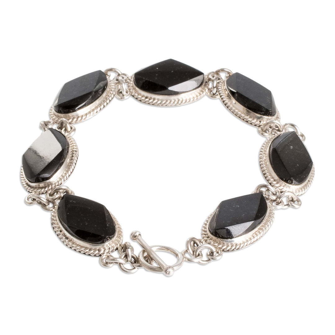 Sterling Silver Link Bracelet with Oval Black Jade Stones - Faceted Ovals