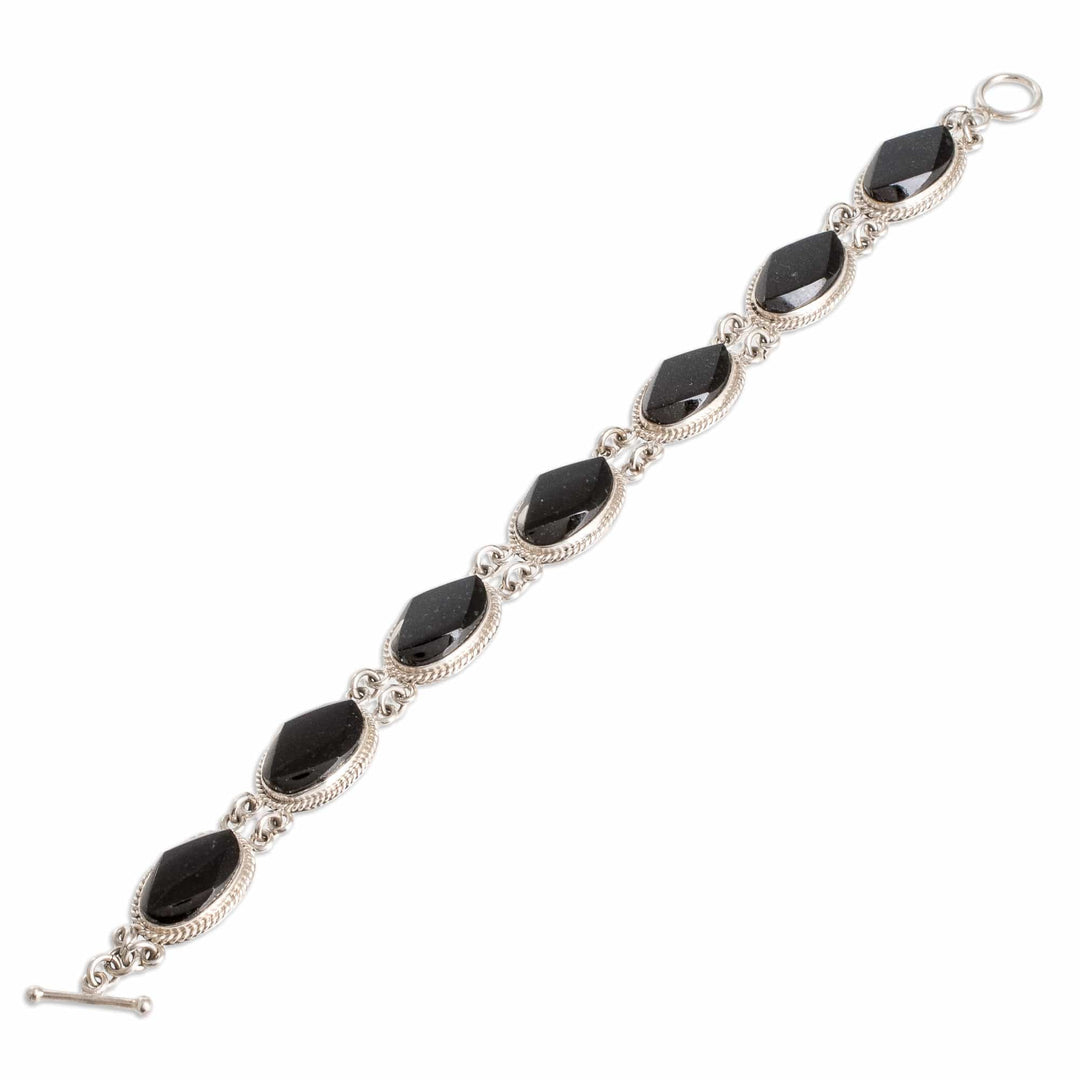 Sterling Silver Link Bracelet with Oval Black Jade Stones - Faceted Ovals