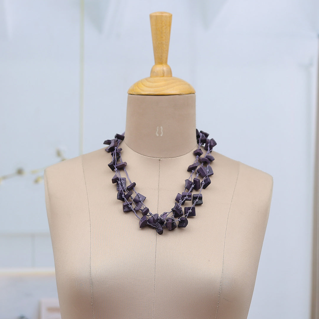 Hand-Carved Beaded Multi-Strand Necklace in Purple - Bohemian Appeal in Purple