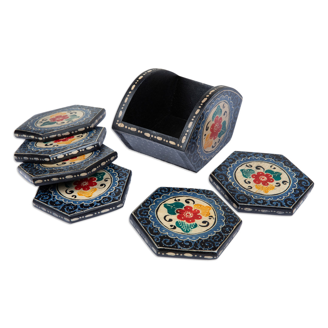 Set of 6 Floral Indigo Wadang Wood Batik Coasters and Stand - Indigo Memory