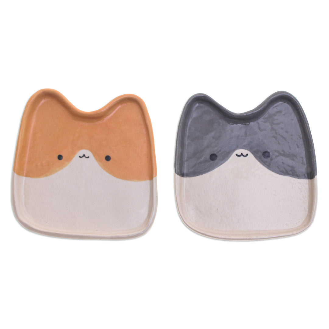 Set of 2 Cat-Shaped Black and Orange Ceramic Catchalls - Dual Felines