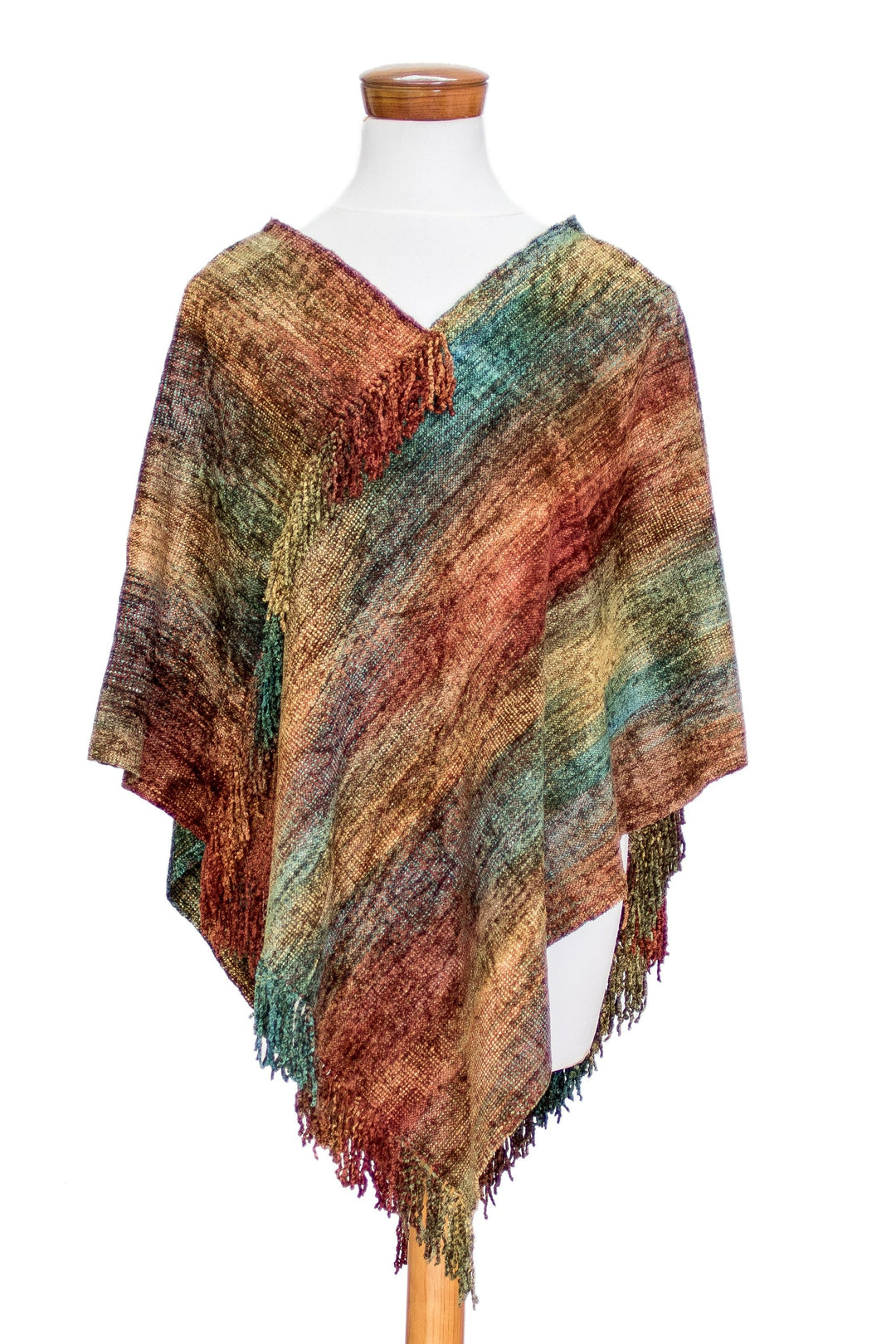 Handwoven Cotton Blend Fringed Poncho in Warm Hues - Forest Heart