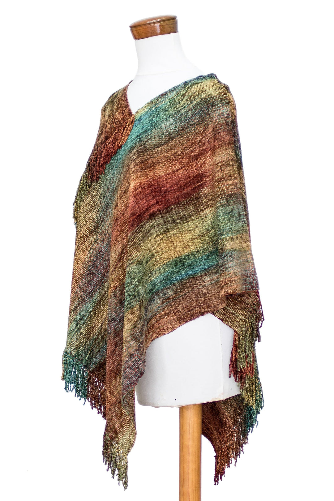Handwoven Cotton Blend Fringed Poncho in Warm Hues - Forest Heart