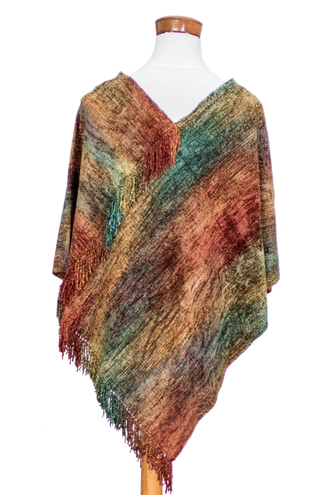 Handwoven Cotton Blend Fringed Poncho in Warm Hues - Forest Heart