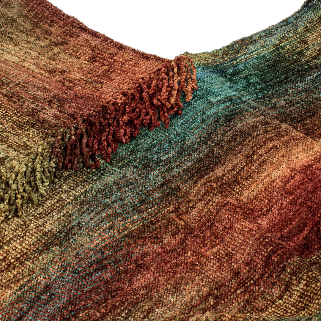 Handwoven Cotton Blend Fringed Poncho in Warm Hues - Forest Heart
